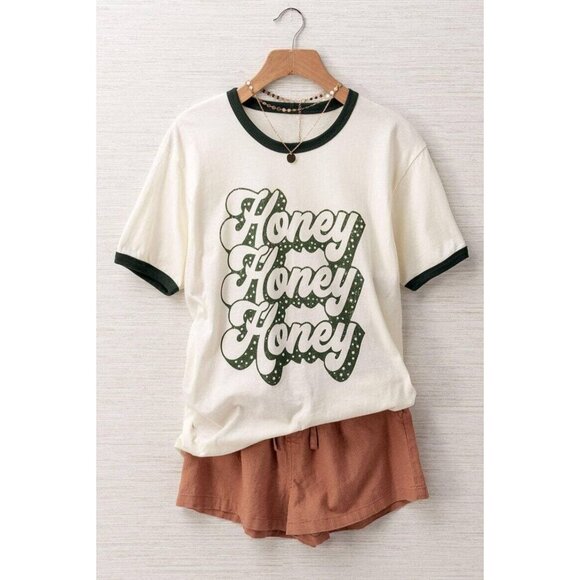 Sweet‎ Claire Womens Honey Graphic Ringer Tee 100% Cotton Ivory With Green - Picture 2 of 7